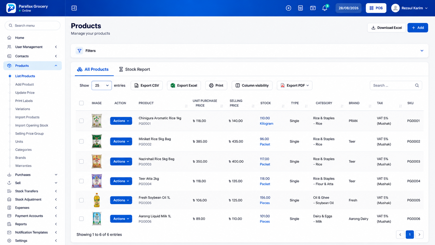 The product list, showing cost, selling price and stock